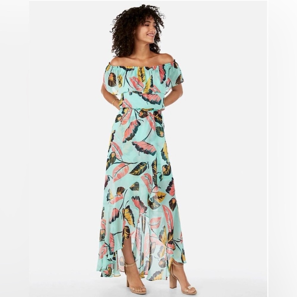 Express Tropical Print Ruffle Off Shoulder Dress XS